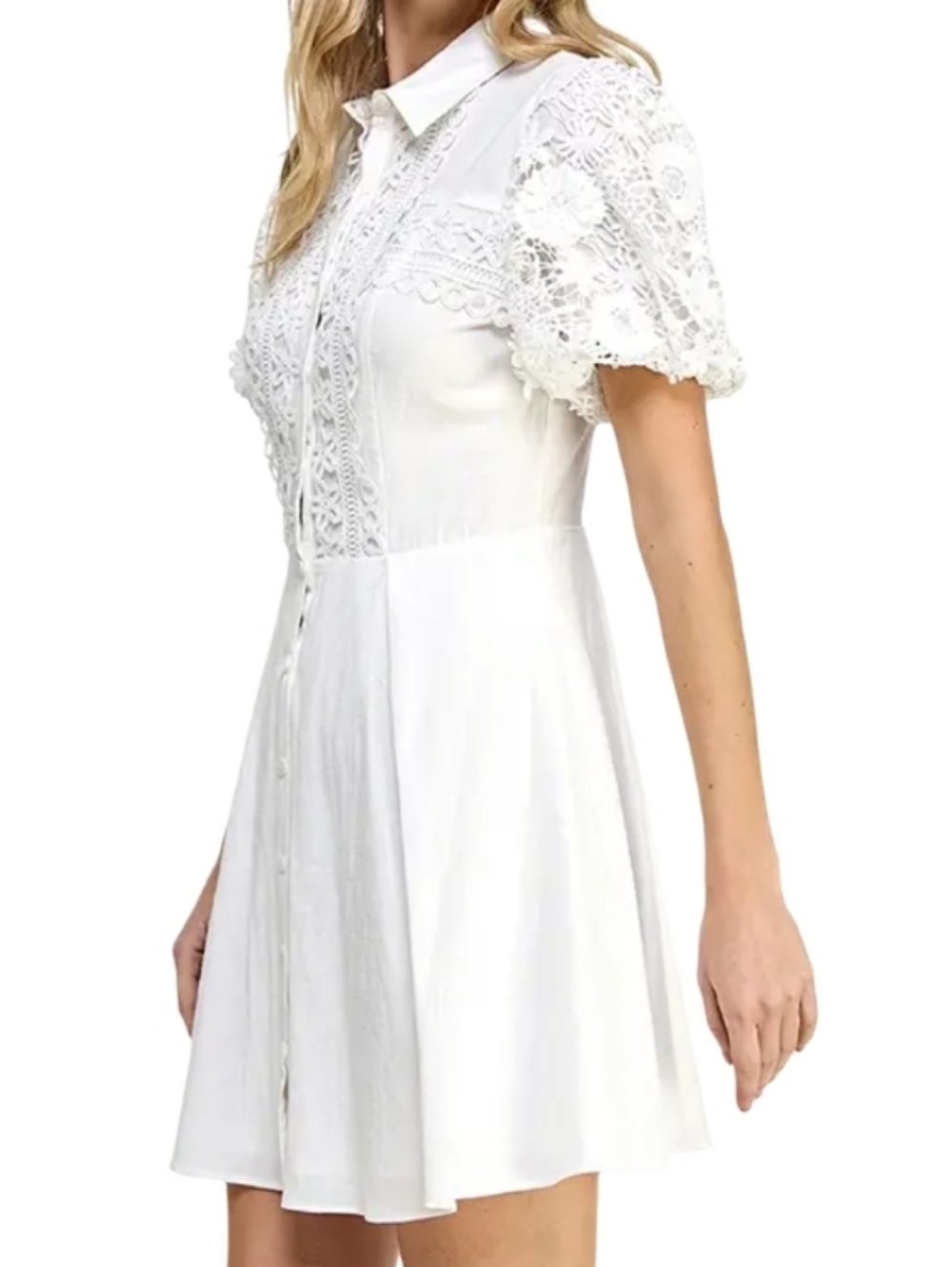 NWT Jeanne D'arc  White Lace Button-Front Mini Dress
